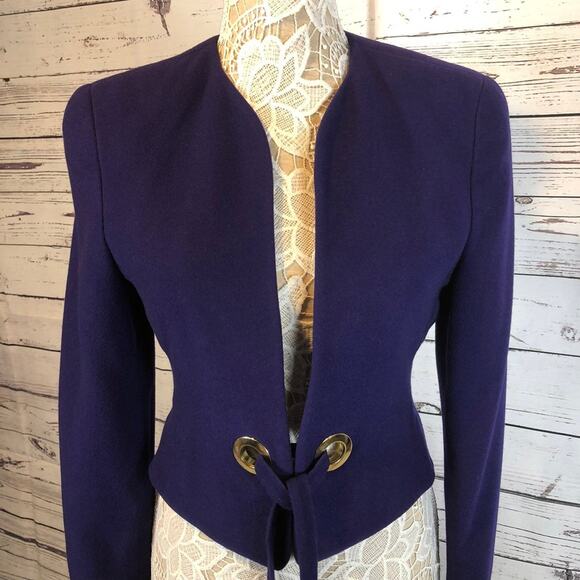American Vintage fitted purple wool blazer gold accent open front size 4 - Picture 2 of 12